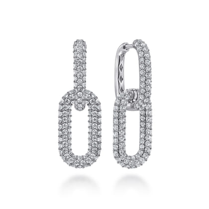 18K White Gold Diamon Pave Link Drop Earrings
