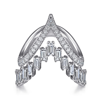 18K White Gold Diamond Baguette and Round Chevron Statement Ring