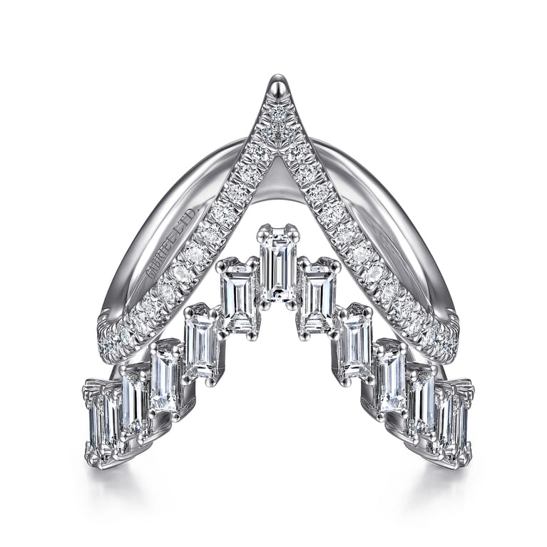 18K White Gold Diamond Baguette and Round Chevron Statement Ring - 1.61 ct - Shot 1