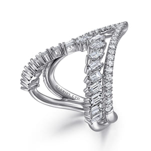 18K White Gold Diamond Baguette and Round Chevron Statement Ring