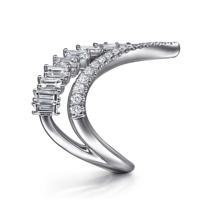18K White Gold Diamond Baguette and Round Chevron Statement Ring
