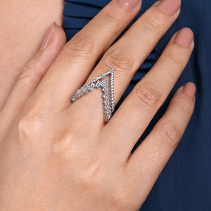 18K White Gold Diamond Baguette and Round Chevron Statement Ring