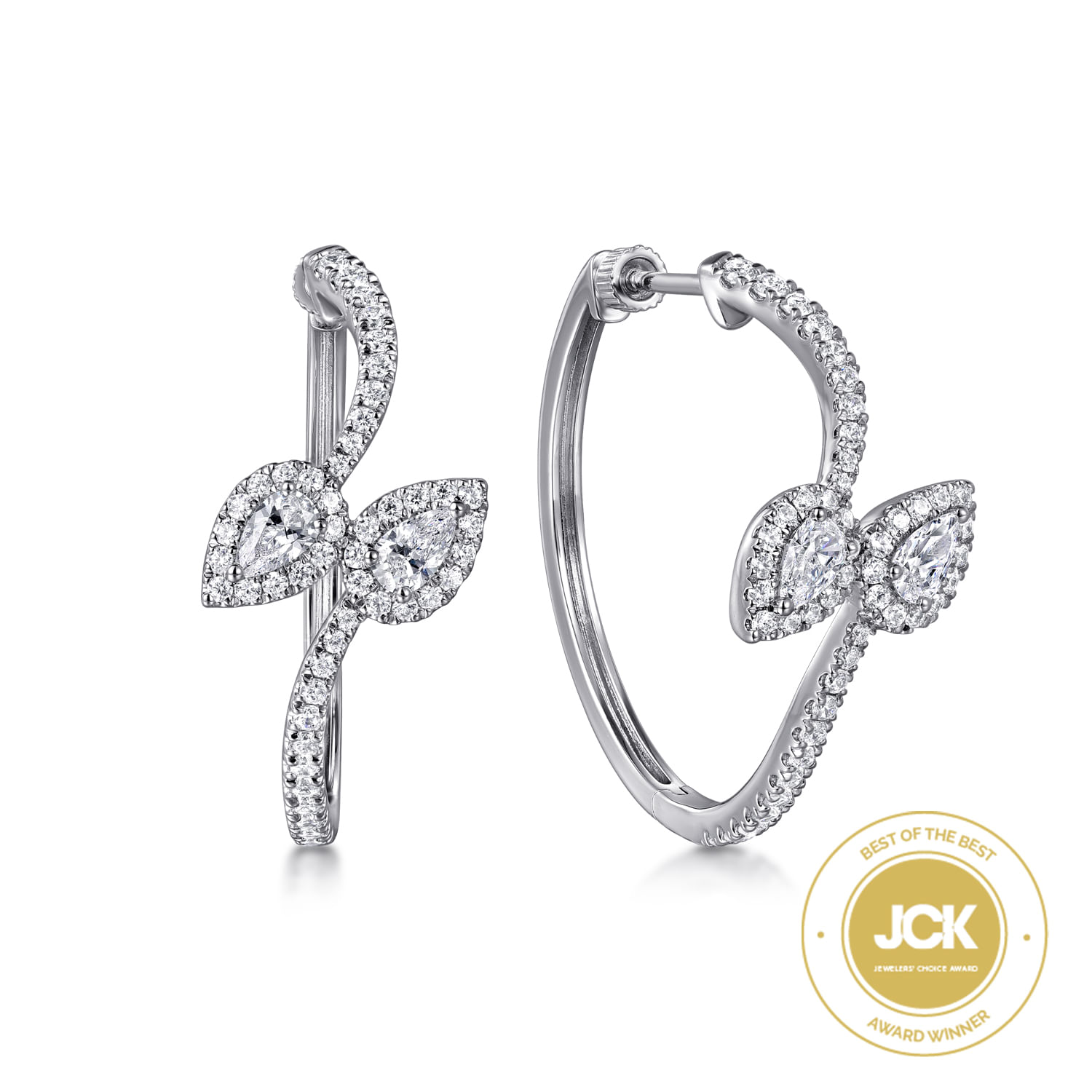 18K White Gold Diamond Bypass Hoop Earrings in Size 30mm