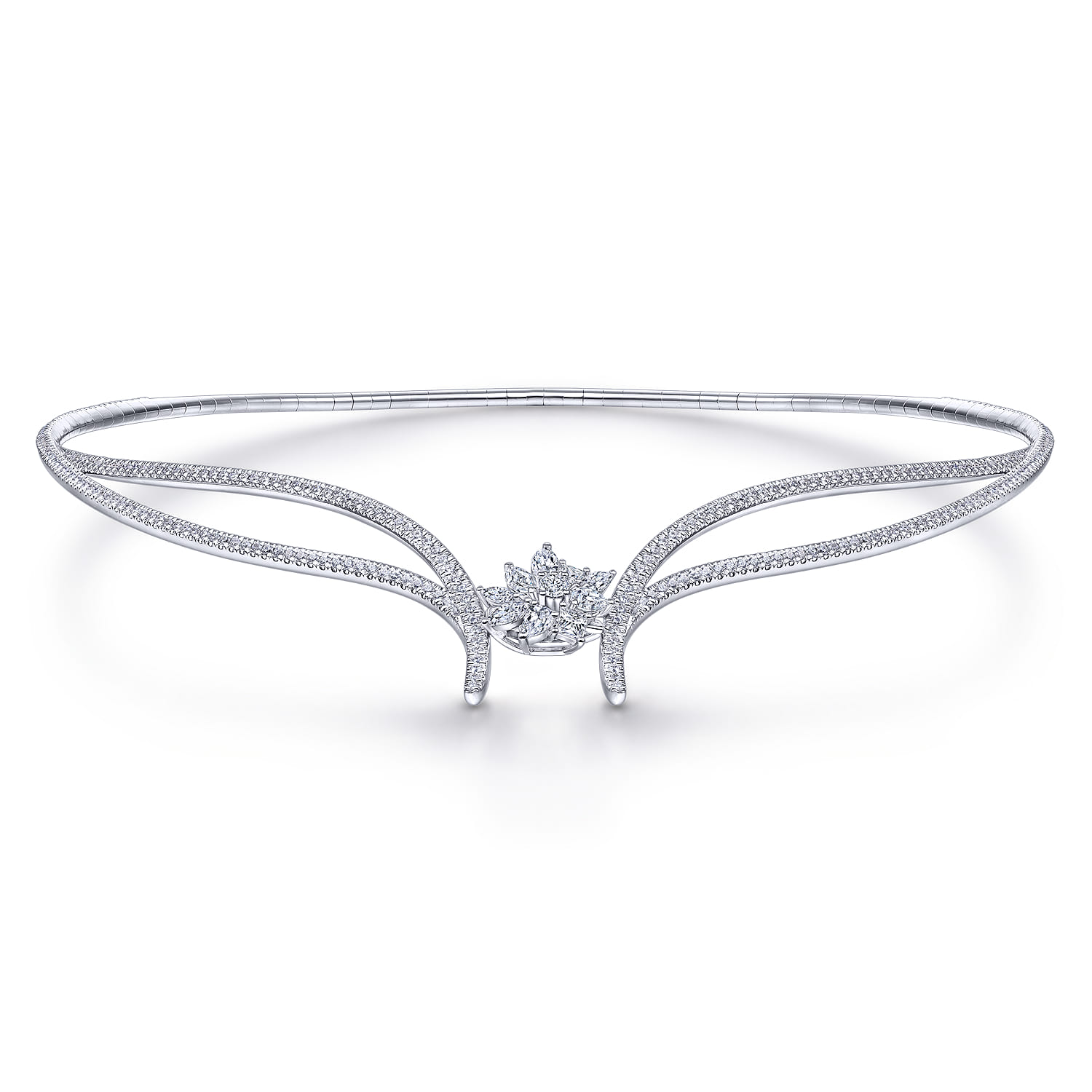18K White Gold Diamond Choker Necklace with Floral Center - 4.67 ct - Shot 1
