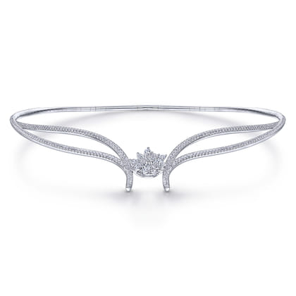 18K White Gold Diamond Choker Necklace with Floral Center
