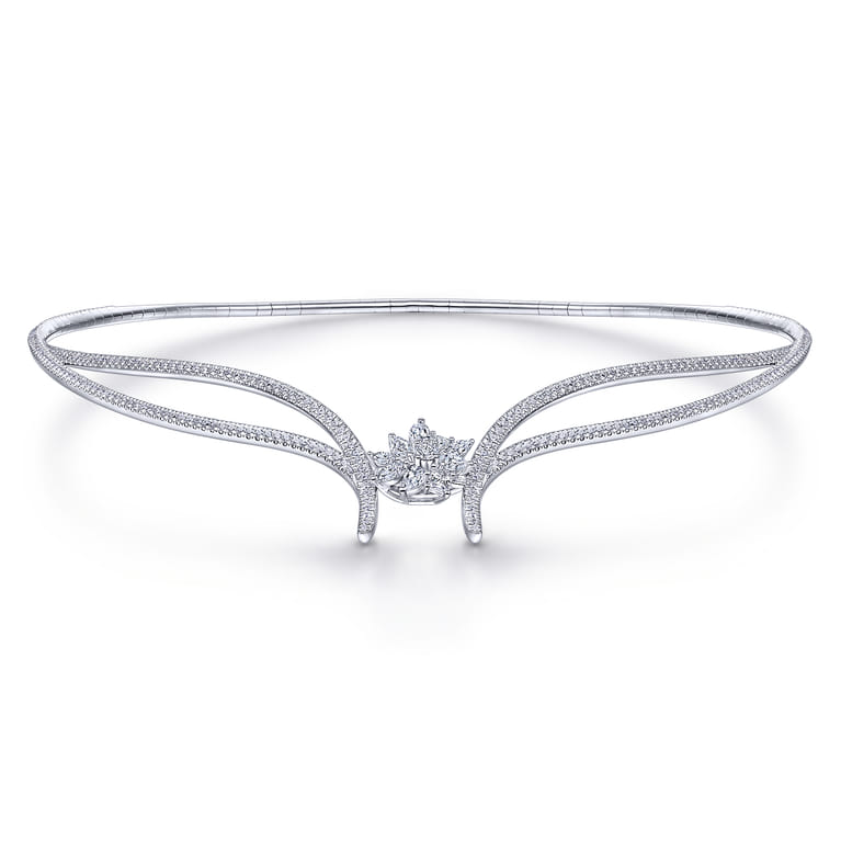 18K White Gold Diamond Choker Necklace with Floral Center - 4.67 ct - Shot 1