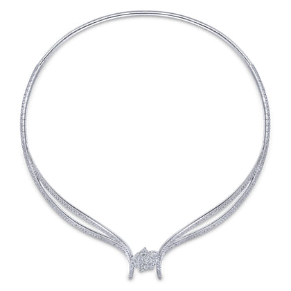 18K White Gold Diamond Choker Necklace with Floral Center