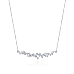 18K White Gold Diamond Cluster Curved Bar Necklace