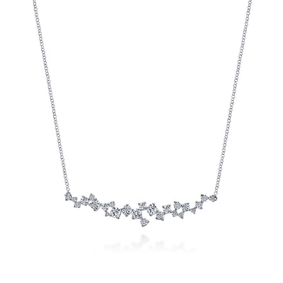 18K White Gold Diamond Cluster Curved Bar Necklace