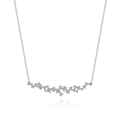 18K White Gold Diamond Cluster Curved Bar Necklace