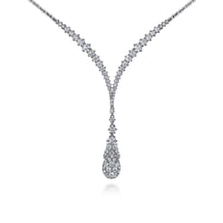 18K White Gold Diamond Cluster Teardrop and Chevron Necklace