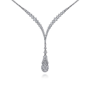 18K White Gold Diamond Cluster Teardrop and Chevron Necklace