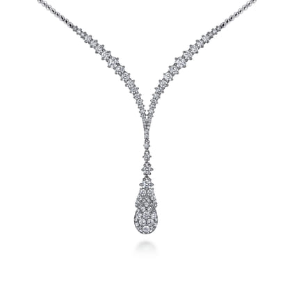 18K White Gold Diamond Cluster Teardrop and Chevron Necklace