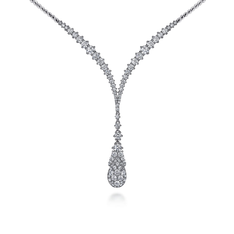 18K White Gold Diamond Cluster Teardrop and Chevron Necklace - 2.91 ct - Shot 1