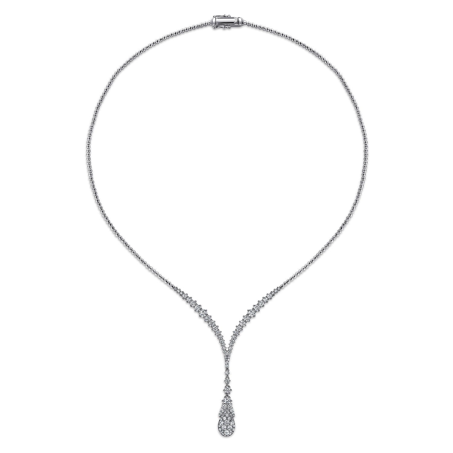 18K White Gold Diamond Cluster Teardrop and Chevron Necklace
