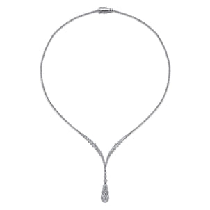 18K White Gold Diamond Cluster Teardrop and Chevron Necklace