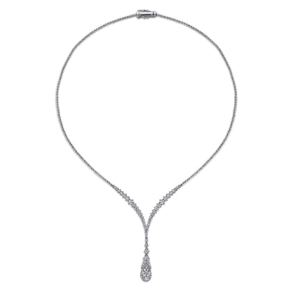 18K White Gold Diamond Cluster Teardrop and Chevron Necklace