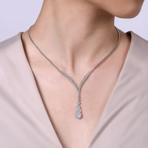 18K White Gold Diamond Cluster Teardrop and Chevron Necklace