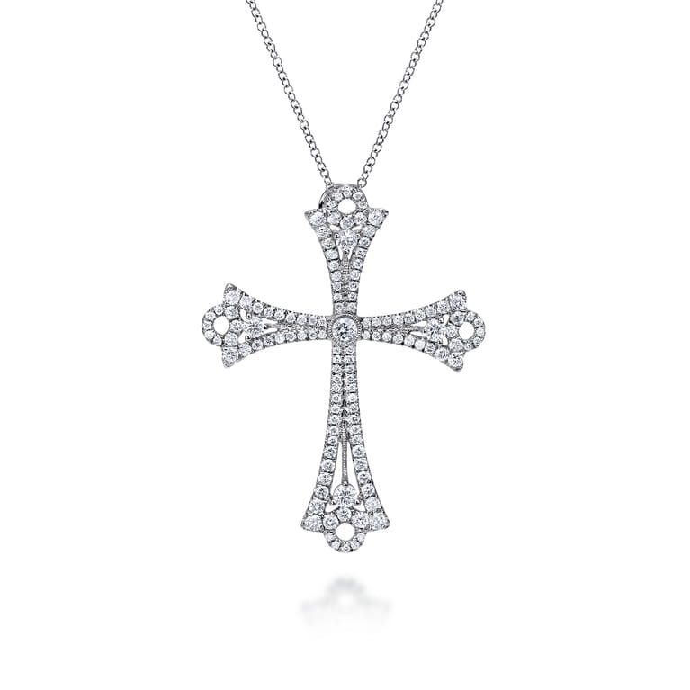 18K White Gold Diamond Cross Pendant Necklace - 1.6 ct - Shot 1
