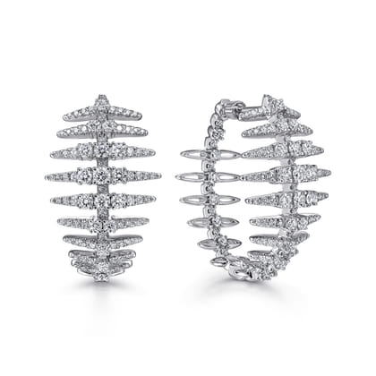 18K White Gold Diamond Fishbone Intricate Hoop Earrings