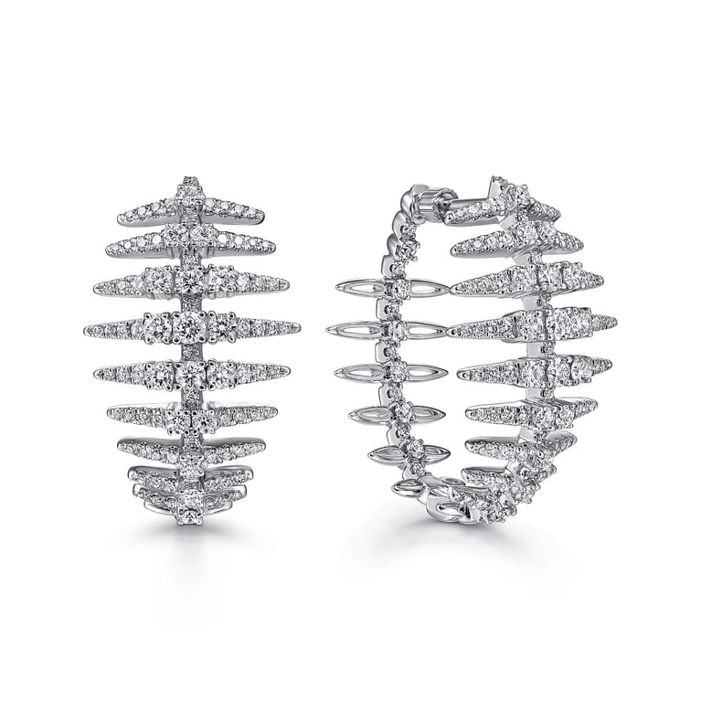 18K White Gold Diamond Fishbone Intricate Hoop Earrings - 2.2 ct - Shot 1