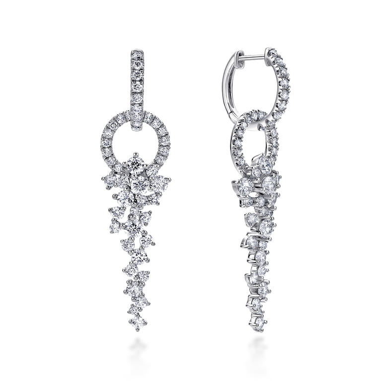18K White Gold Diamond Huggies with Cascading Cluster Drops - 2 ct - Shot 1