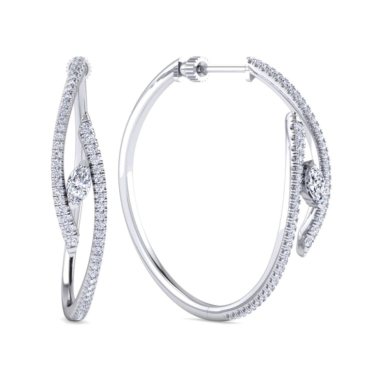 18K White Gold Diamond Intricate Hoop Earrings - 1.5 ct - Shot 1