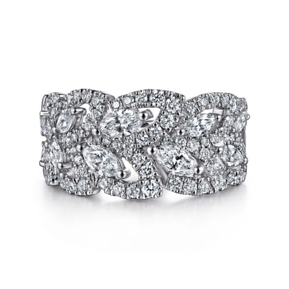 18K White Gold Diamond Marquise Pattern Wide Band Ring