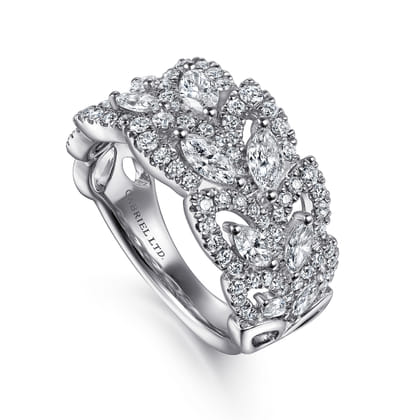 18K White Gold Diamond Marquise Pattern Wide Band Ring
