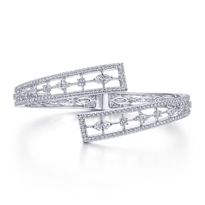 18K White Gold Diamond Pave Bypass Bangle with Geometric Stations
