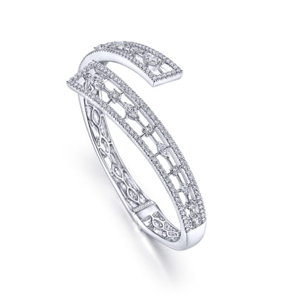 18K White Gold Diamond Pave Bypass Bangle with Geometric Stations