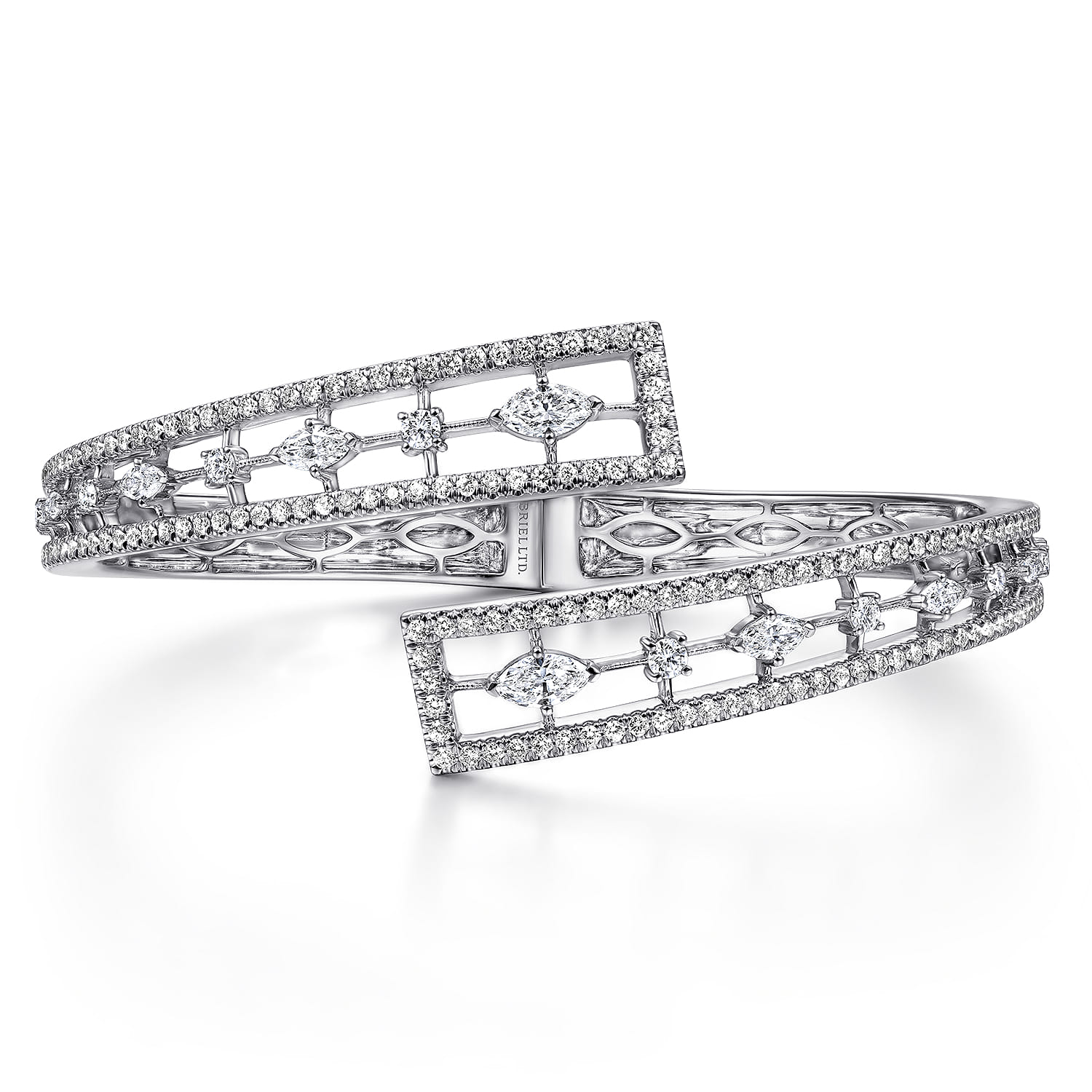 18K White Gold Diamond Pave Bypass Bangle with Geometric Stations - 2.68 ct - Shot 1