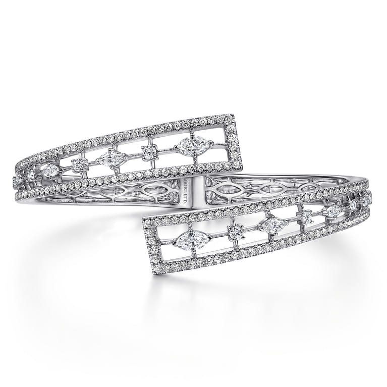 18K White Gold Diamond Pave Bypass Bangle with Geometric Stations - 2.68 ct - Shot 1