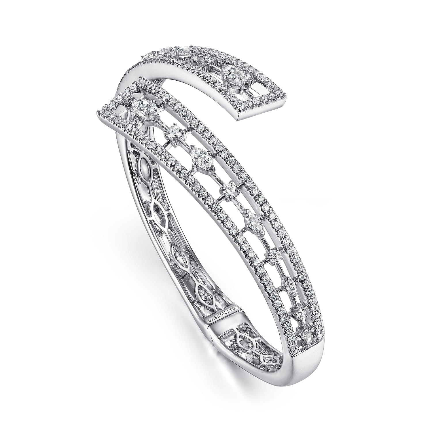 18K White Gold Diamond Pave Bypass Bangle with Geometric Stations - 2.68 ct - Shot 2