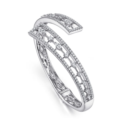 18K White Gold Diamond Pave Bypass Bangle with Geometric Stations