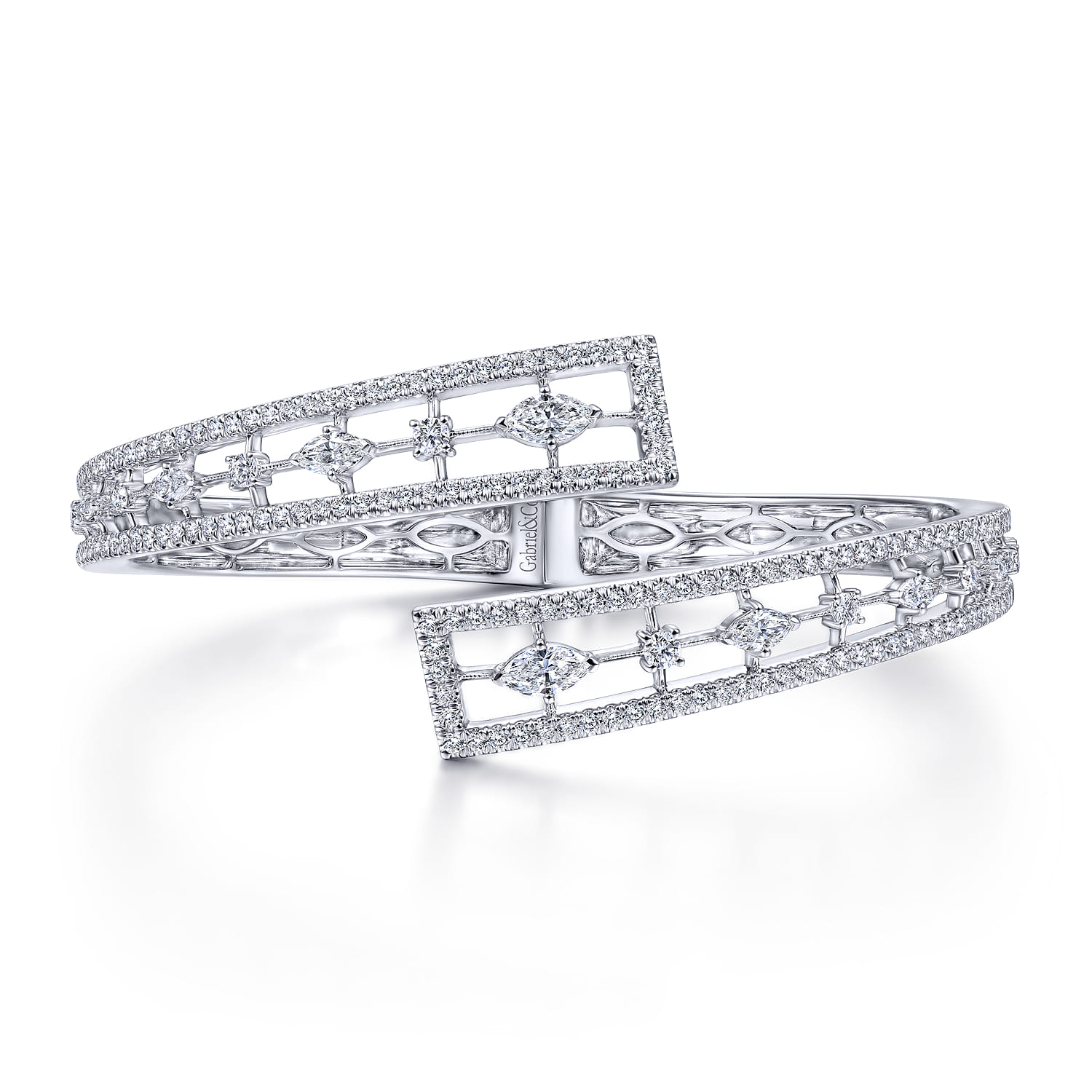 18K White Gold Diamond Pave Bypass Bangle with Geometric Stations - 2.68 ct - Shot 1