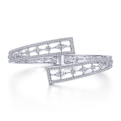 18K White Gold Diamond Pave Bypass Bangle with Geometric Stations