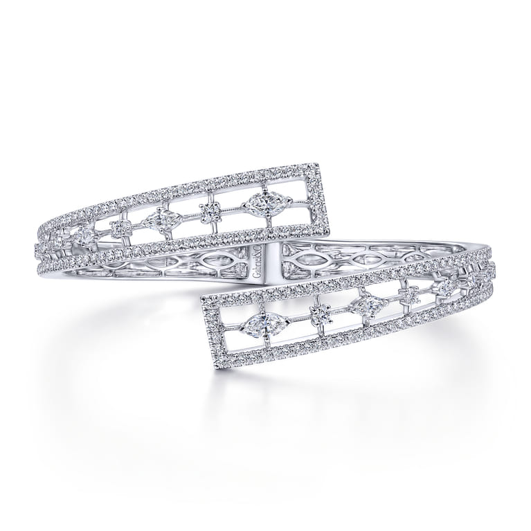 18K White Gold Diamond Pave Bypass Bangle with Geometric Stations - 2.68 ct - Shot 1