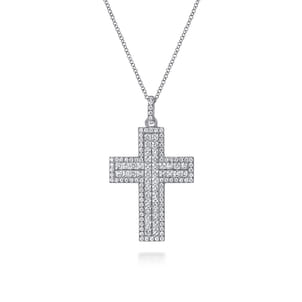18K White Gold Diamond Pave Cross Pendant Necklace