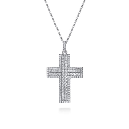 18K White Gold Diamond Pave Cross Pendant Necklace