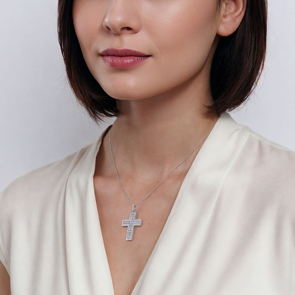 18K White Gold Diamond Pave Cross Pendant Necklace