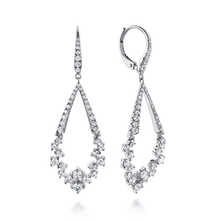 18K White Gold Diamond Teardrop Leverback Earrings - 1.55 ct - Shot 1