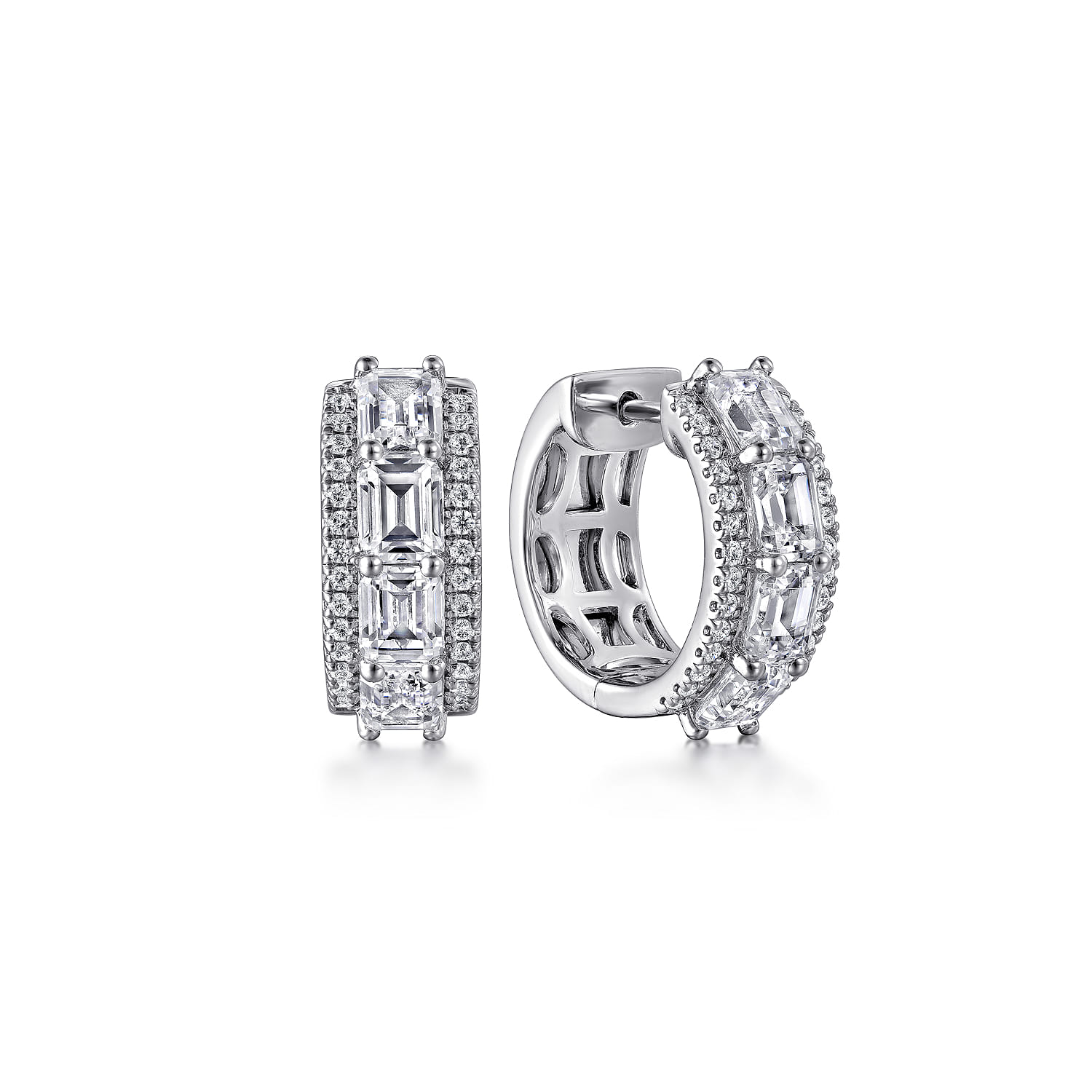 18K White Gold Emerald Cut And Round Diamond Earrings - 2.8 ct - Shot 1