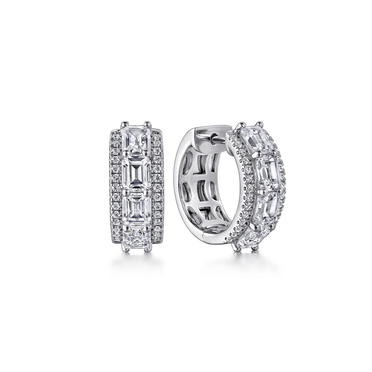 18K White Gold Emerald Cut And Round Diamond Earrings - 2.8 ct - Shot 1