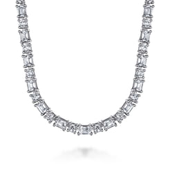 18K White Gold Emerald and Round Diamond Tennis Necklace