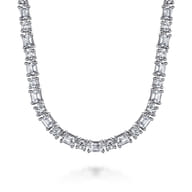 18K White Gold Emerald and Round Diamond Tennis Necklace