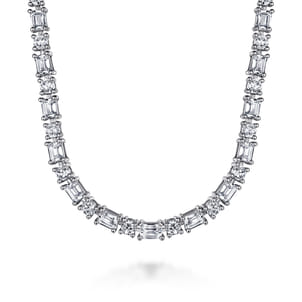 18K White Gold Emerald and Round Diamond Tennis Necklace