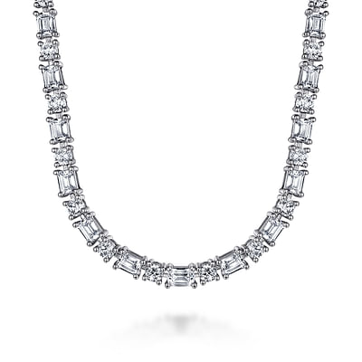 18K White Gold Emerald and Round Diamond Tennis Necklace