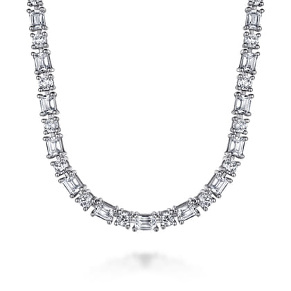 18K White Gold Emerald and Round Diamond Tennis Necklace