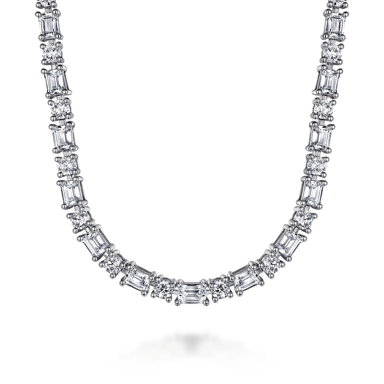 18K White Gold Emerald and Round Diamond Tennis Necklace - 7.5 ct - Shot 1